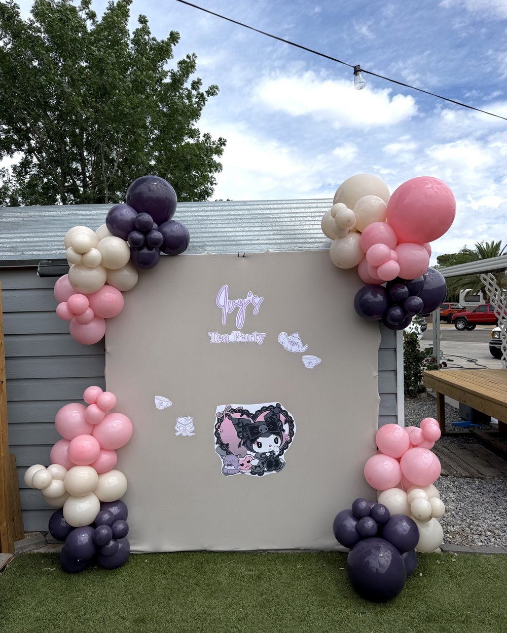 A grey backdrop with a pink, cream and dark purple balloon garland on a lawn